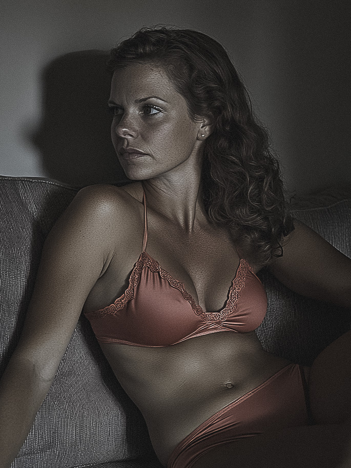 Brunette woman, boudoir pose, sitting on a couch, wearing pink lingerie.