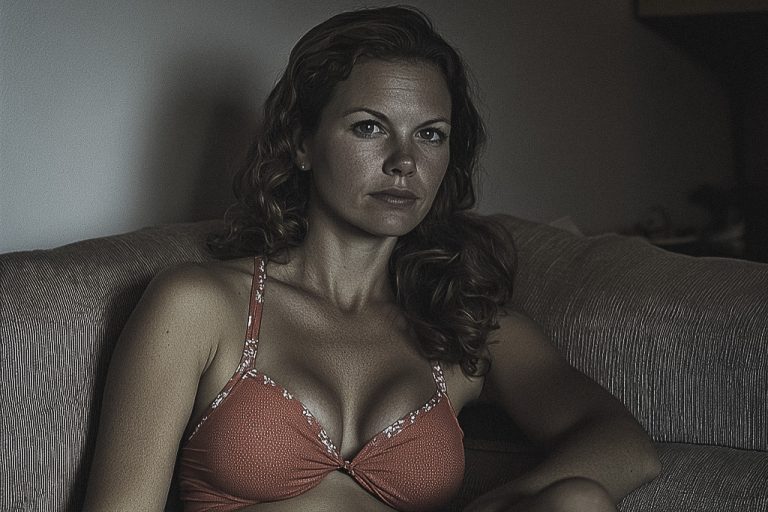 Brunette woman sitting on a couch, wearing pink lingerie.